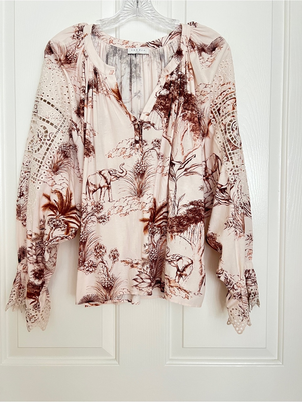 Sandro elephant toille print Lace-Inset Blouse - Ivory with Brown Print